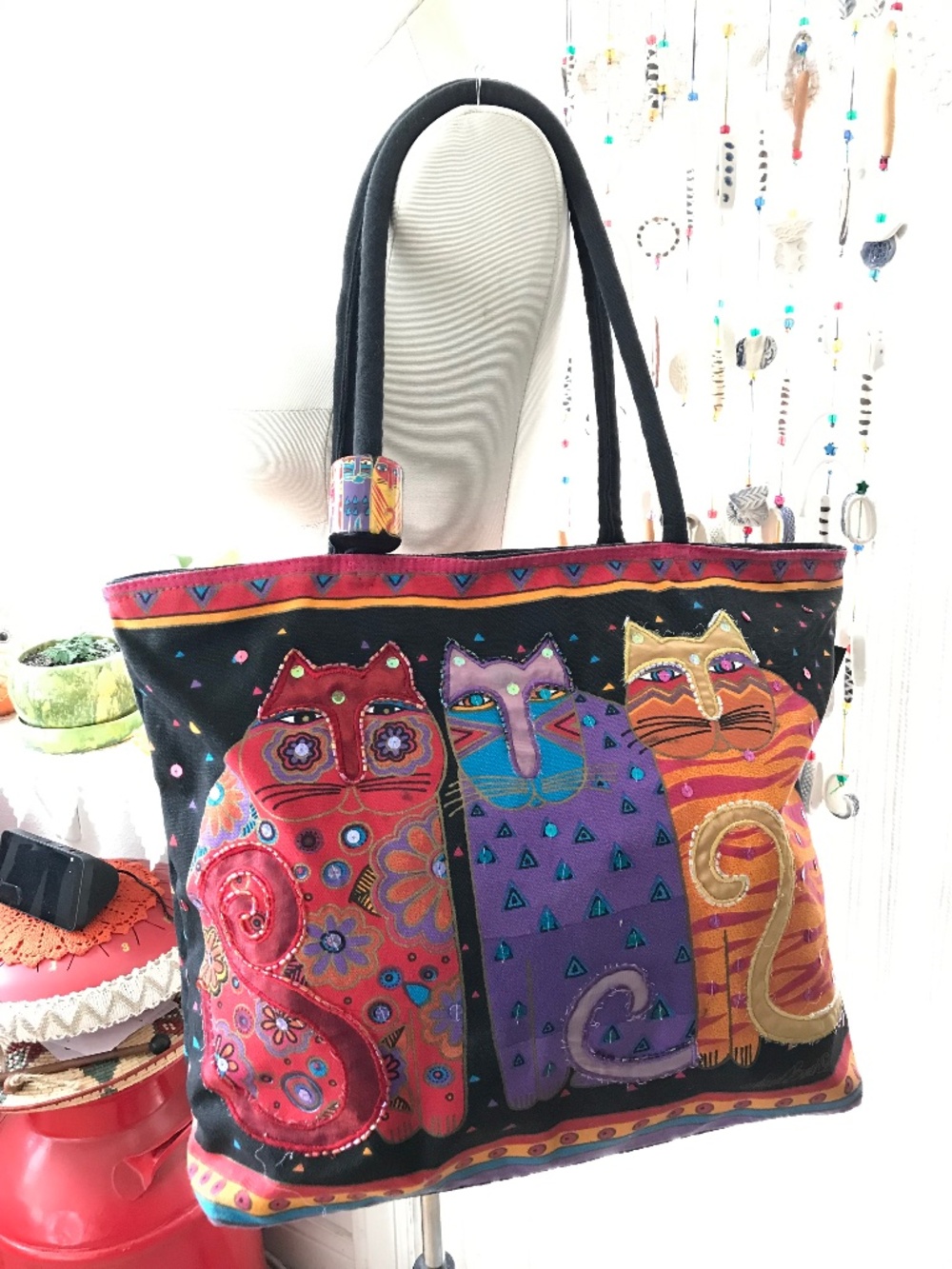 LAUREL BURCH FELINE FRIENDS CATS CANVAS TOTE BAG Beaded